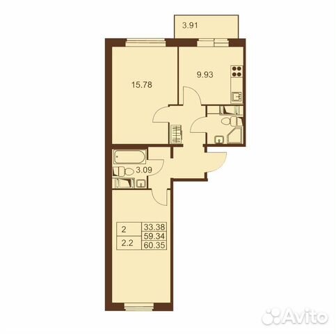 2-к квартира, 60.4 м², 8/10 эт.