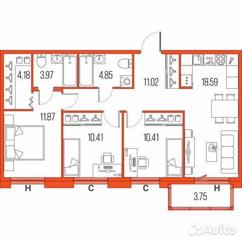 3-к квартира, 75.3 м², 20/22 эт.