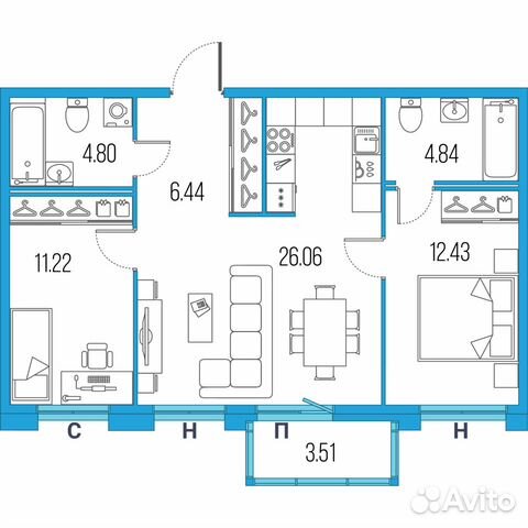 2-к квартира, 65.8 м², 22/22 эт.