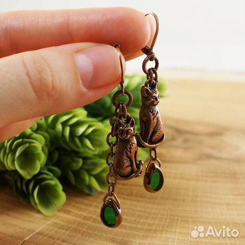 Серьги Кошки Коты медные зеленые Серьги Кошки Коты медные зеленые