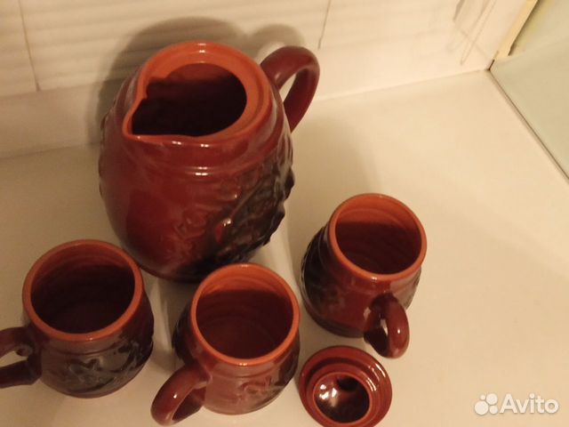 Керамический кувшин с 3-мя кружками, винтаж, СССР Керамический кувшин с 3-мя кружками, винтаж, СССР