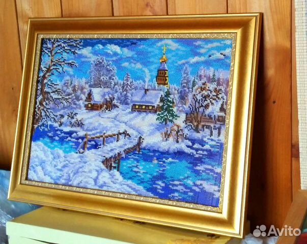 Картина. Вышивка. Бисер.Зимняя сказка