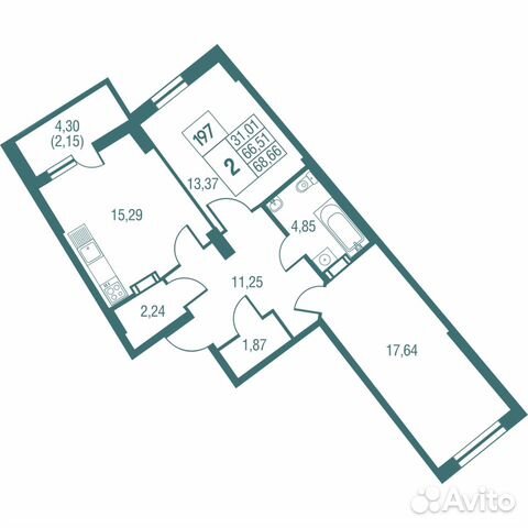 2-к квартира, 68.7 м², 15/25 эт.