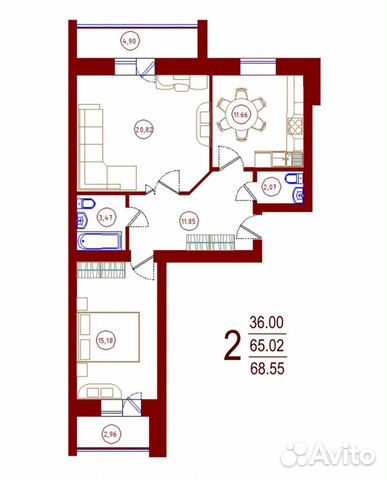 2-к квартира, 68.6 м², 5/5 эт.