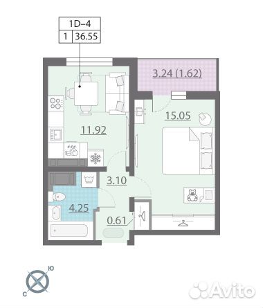 1-к квартира, 36.6 м², 21/22 эт.