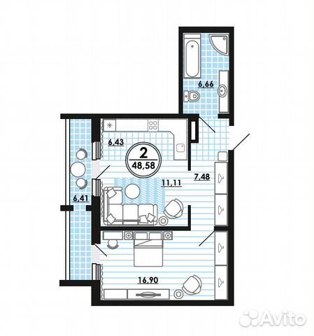2-к квартира, 48.2 м², 3/17 эт. 2-к квартира, 48.2 м², 3/17 эт.