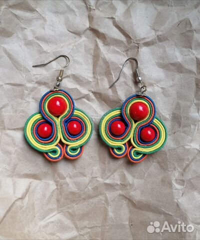 Серьги Сутаж, с кораллом, ручная работа