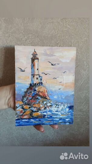 Картина маслом маяк чайки морской пейзаж