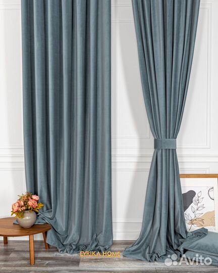 Комплект портьер бархат Богема Серо-голубой шторы