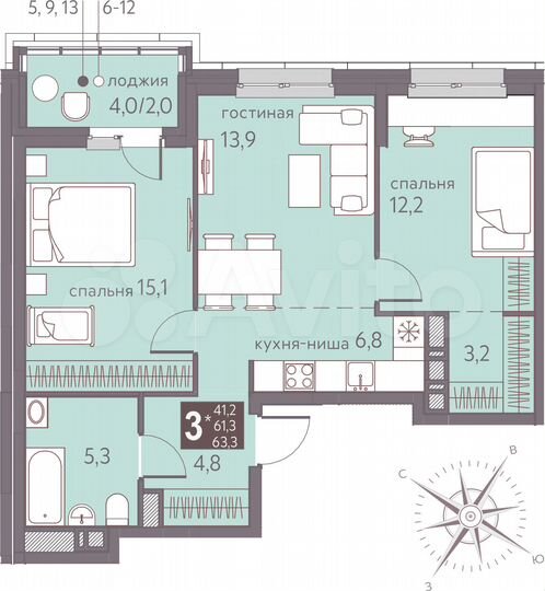 3-к. квартира, 63,3 м², 12/16 эт.