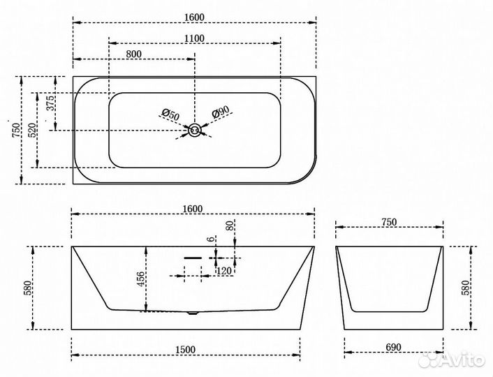 Ванна Abber AB9331-1.6 L