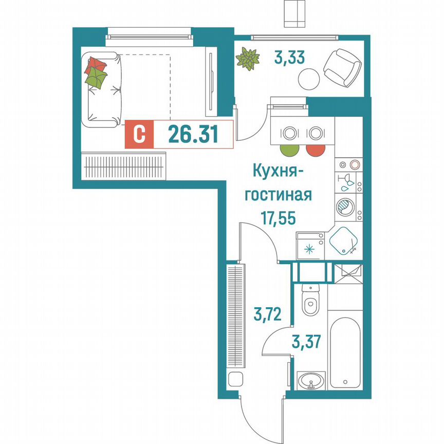 Квартира-студия, 26,3 м², 11/18 эт.