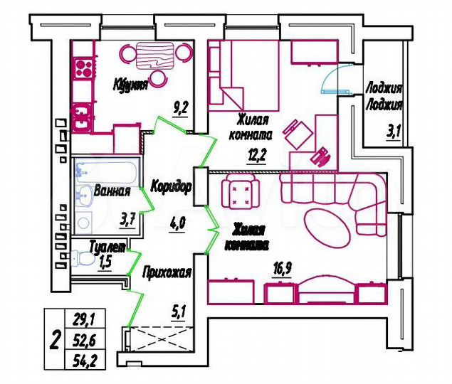 2-к. квартира, 54,2 м², 5/9 эт.