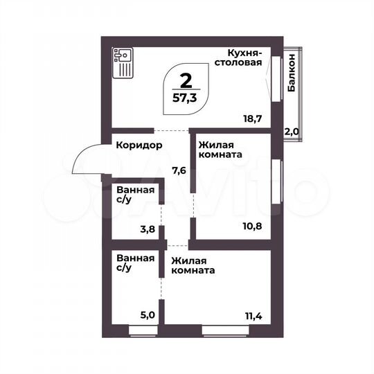 2-к. квартира, 57,3 м², 3/8 эт.
