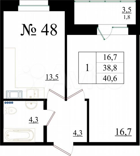 1-к. квартира, 40,6 м², 7/8 эт.