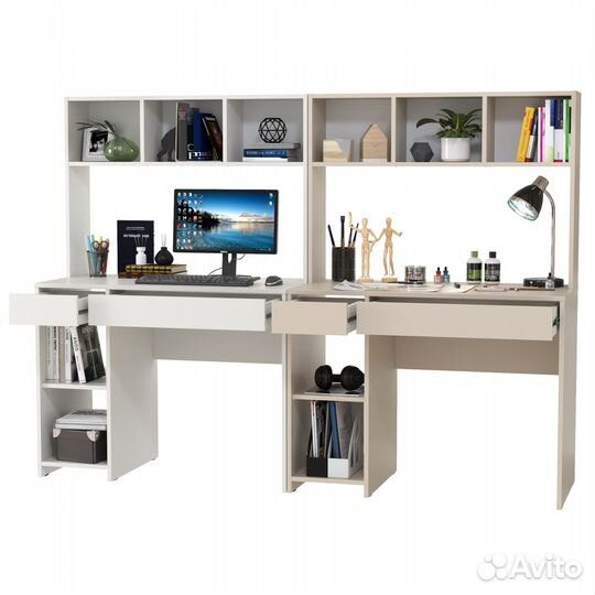 Два рабочих компьютерных стола Mobi Комфорт 12.77F цвет белый шагрень/сатин