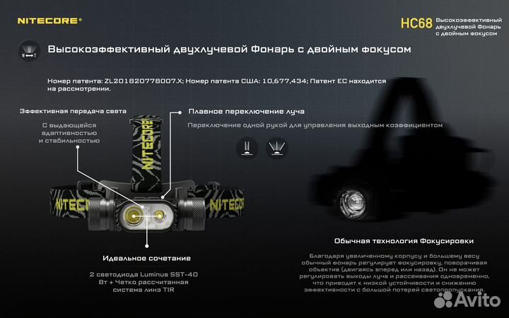 Налобный фонарь nitecore HC68 2*Luminus SST-40-W