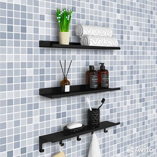 Полка в ванную и кухню с крючками настенная 3 шт