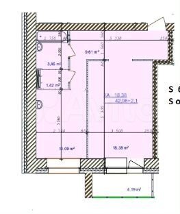 1-к. квартира, 45,1 м², 3/6 эт.