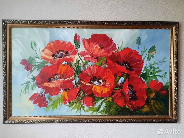 Картина маслом Красные Маки. 90 на 60 см в багете