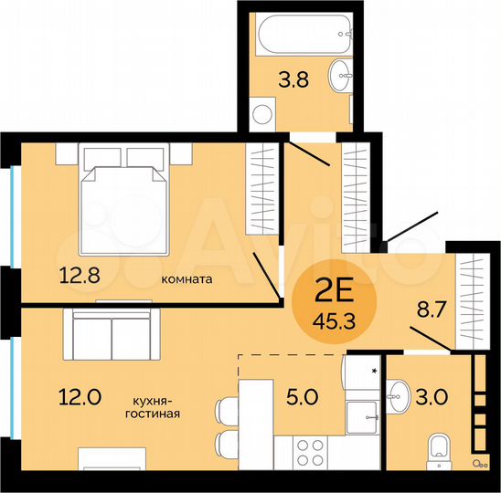2-к. квартира, 45,3 м², 12/17 эт.