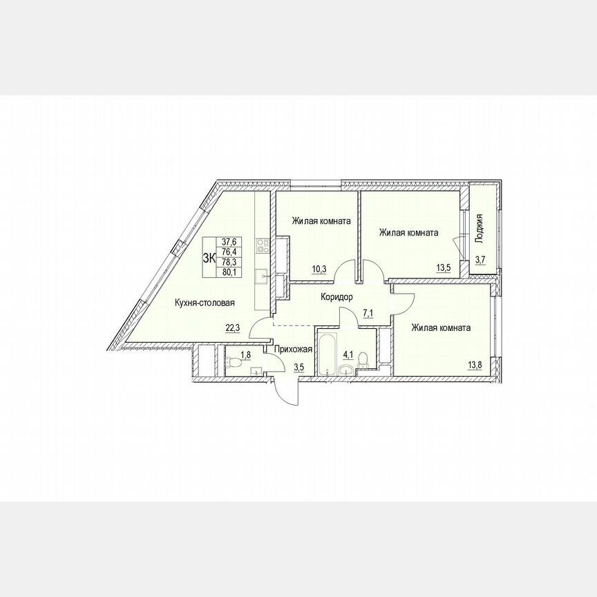 3-к. квартира, 78,3 м², 18/25 эт.