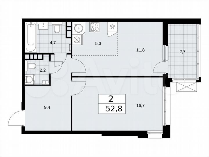 2-к. квартира, 52,8 м², 12/21 эт.