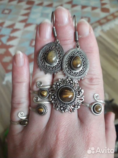 Комплект серьги и кольцо Тигровый глаз Индия