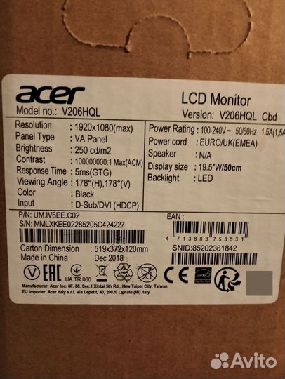 Монитор Acer v206hql 19.5