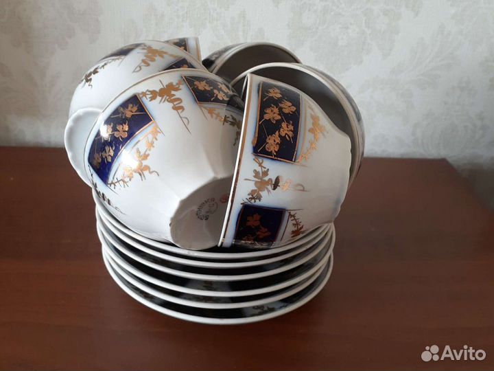 Чайная пара, кобальт, позолота 1960г