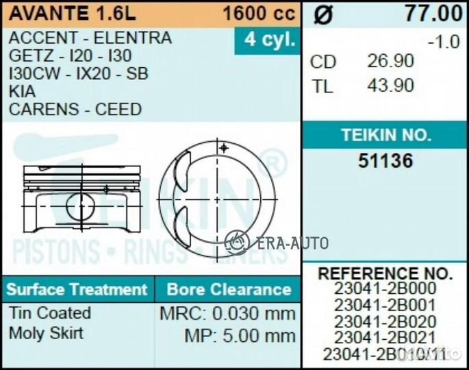 Teikin 51136050 Комплект поршней G4FC +0.50