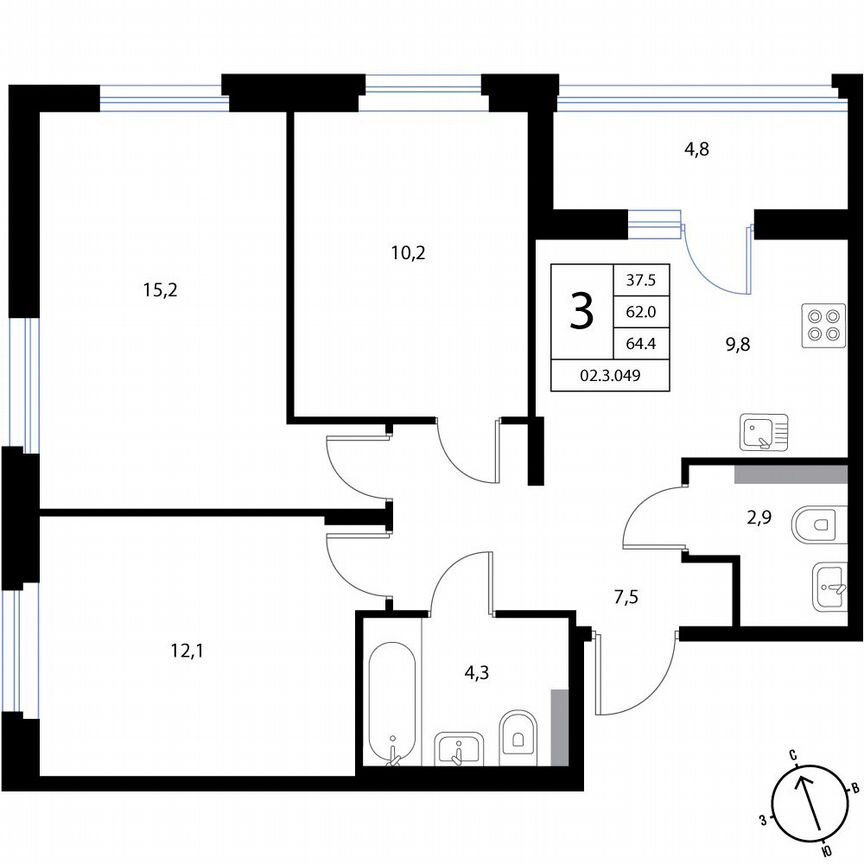 3-к. квартира, 64,4 м², 2/3 эт.