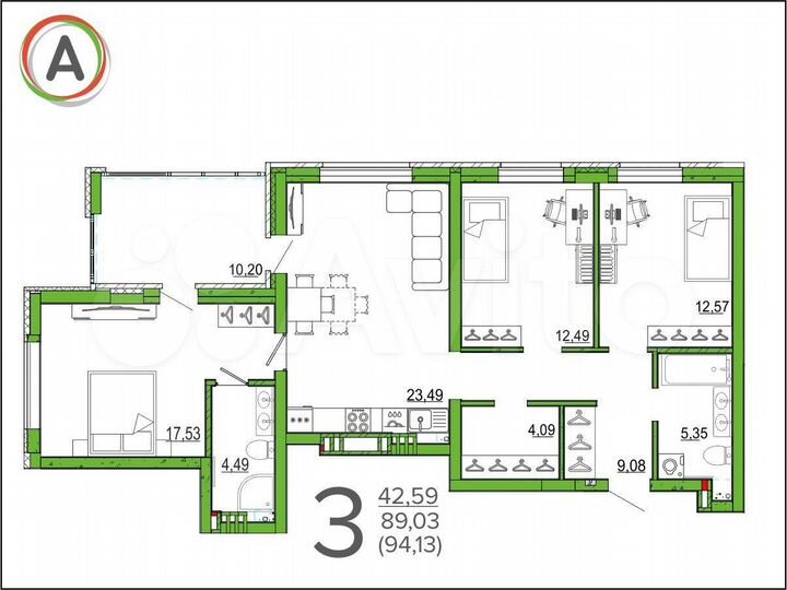 3-к. квартира, 94 м², 9/9 эт.