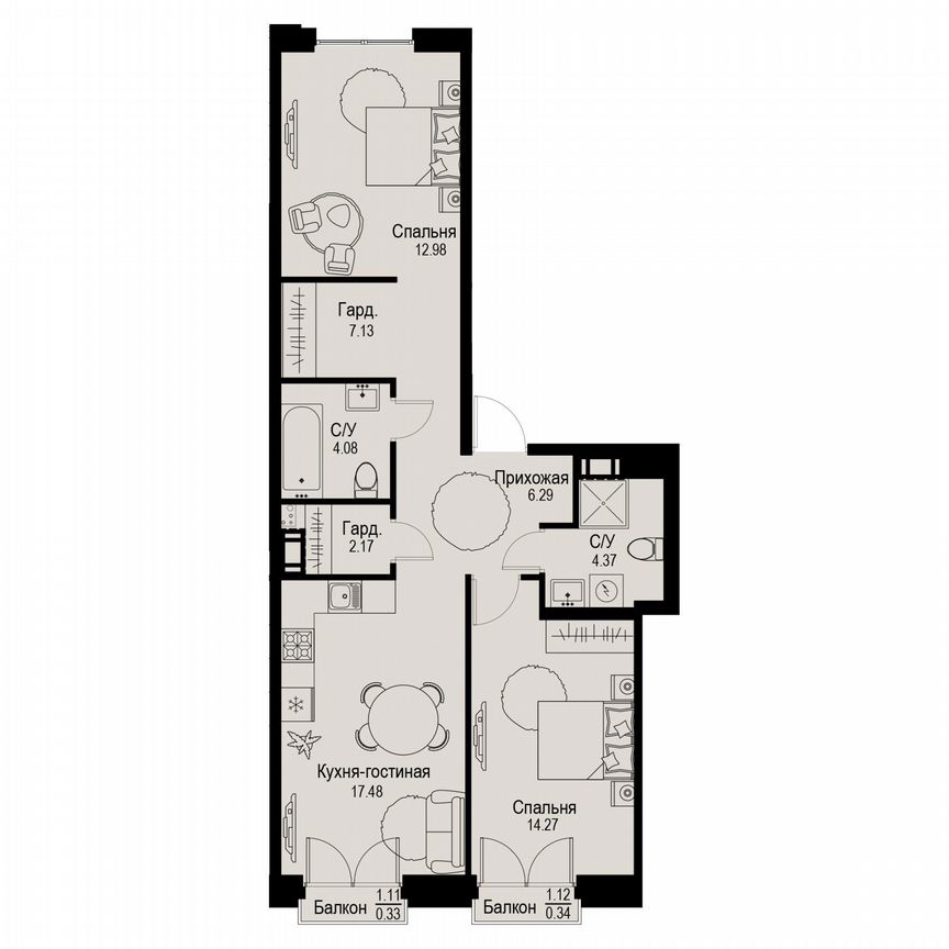 2-к. квартира, 69,4 м², 3/6 эт.