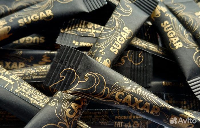 Сахар порционный стик 5г стандартный дизайн черное золото коробка 10кг