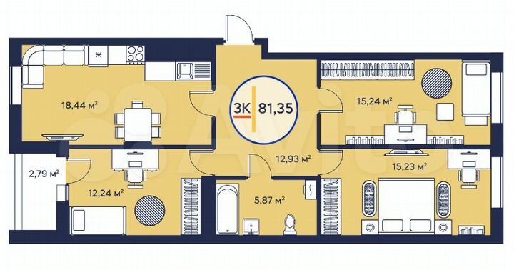 3-к. квартира, 81,3 м², 6/23 эт.