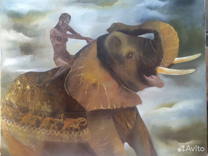 Картина. Девушка на слоне. Масло