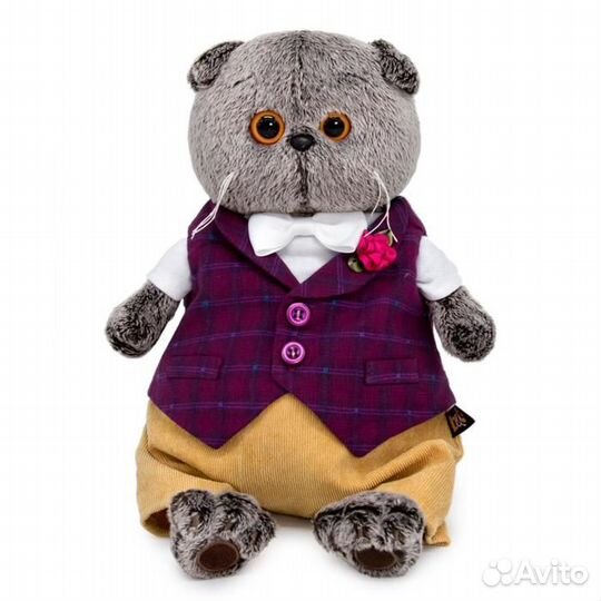 Мягкая игрушка «Басик в бордовом жилете с розочкой