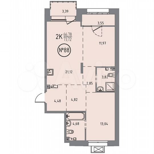 2-к. квартира, 73,7 м², 9/10 эт.