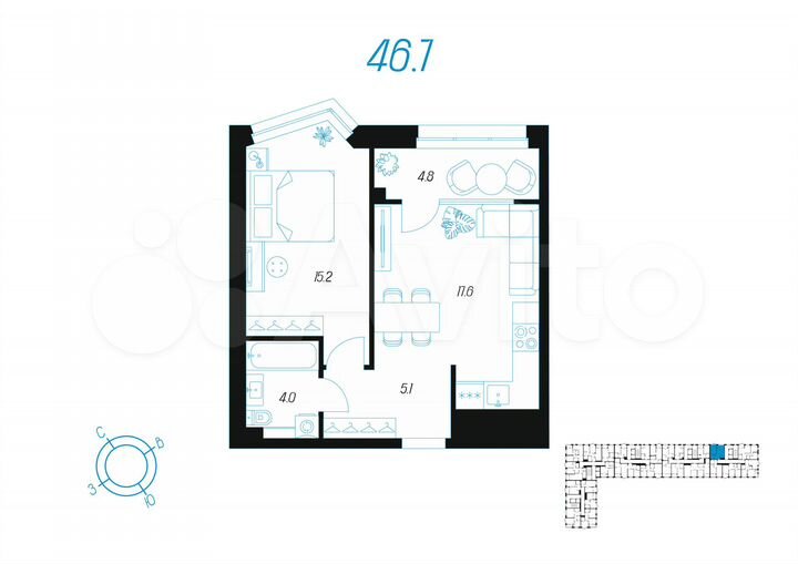 1-к. квартира, 46,7 м², 13/24 эт.