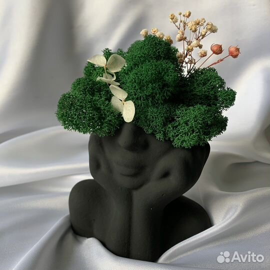 Кашпо, изделие из гипса с мхом для интерьера