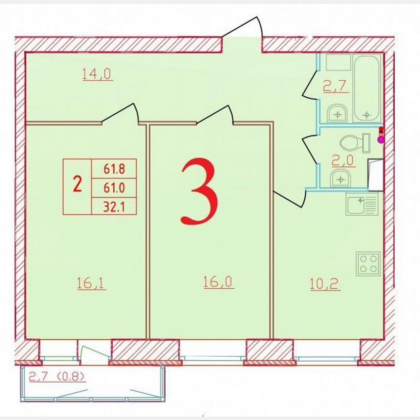 2-к. квартира, 61,8 м², 9/9 эт.