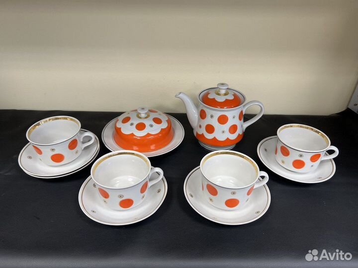 Чайный набор красные круги Сумской фарфоровый заво