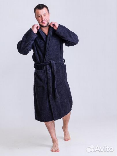 Халат махровый мужской с капюшоном 48-50 черный