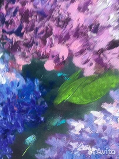 Картина маслом сирень/ голубые цветы