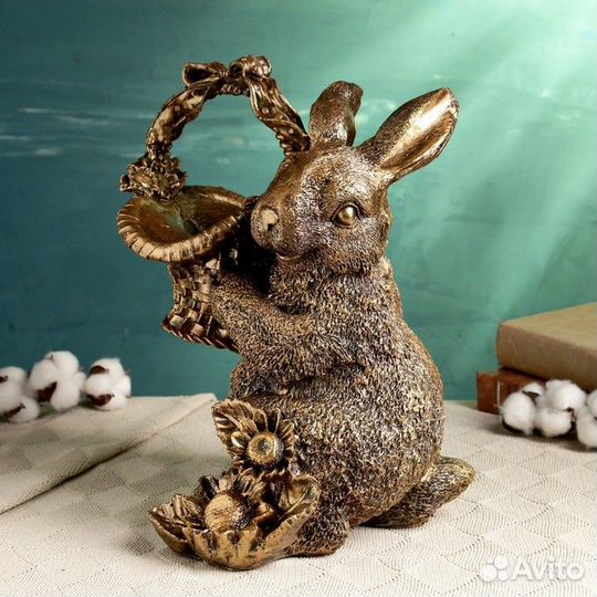 Подставка для мелочей 'Зайка с лукошком' бронза, 2