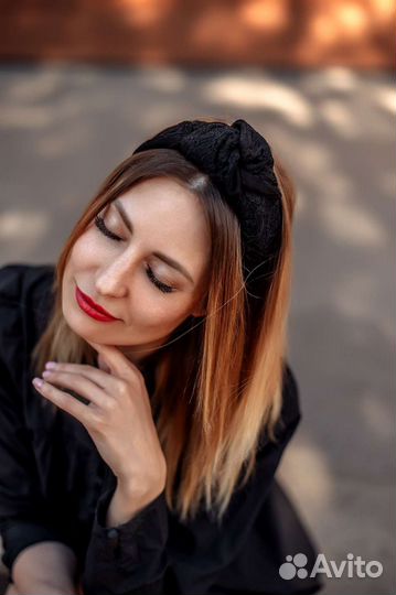 Кружевной чёрный ободок на голову из кружева замши