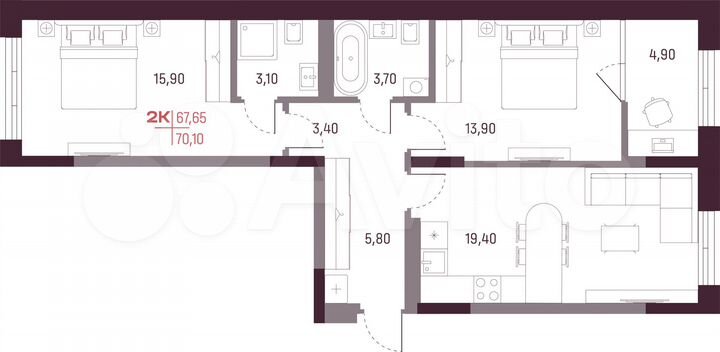 2-к. квартира, 67,7 м², 9/25 эт.