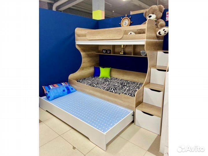 Кровать 3-х ярусная Биг 120х200 (дуб каньон+белый)