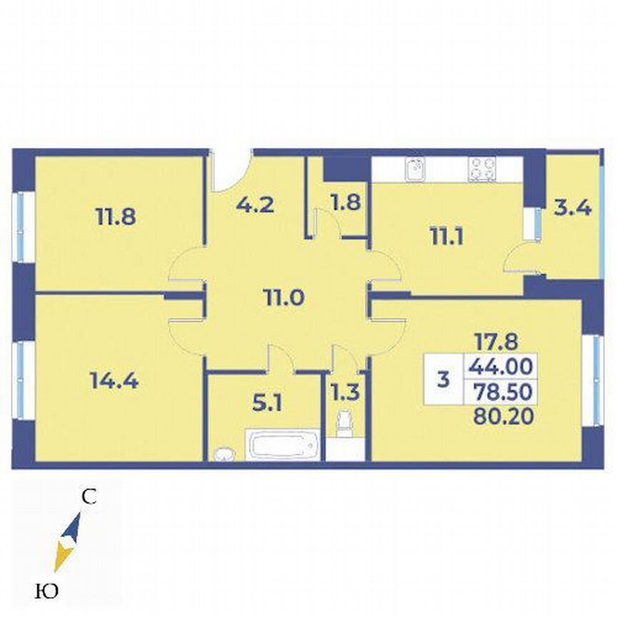 3-к. квартира, 80,2 м², 7/9 эт.
